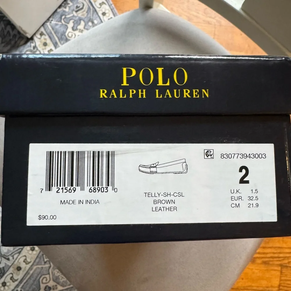 Boys Size 2 Unworn Polo by Ralph Lauren Caramel Brown Loafers - Picture 6 of 7